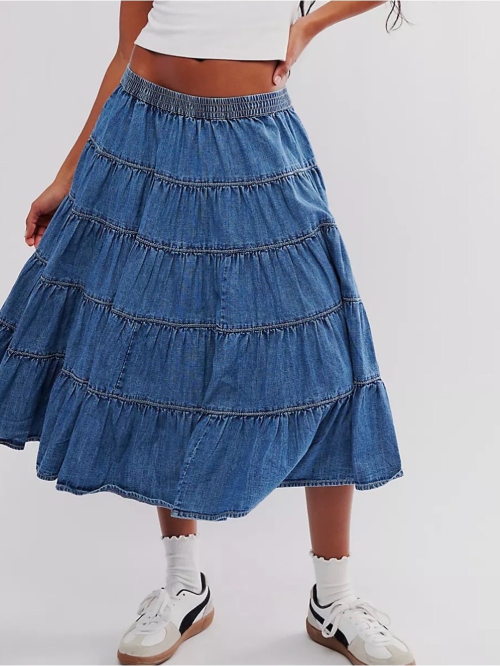 Free People In Fill Swing Chambray Midis Skirt Denim Size Small